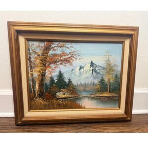 Vintage Signed W Chandler Oil Painting Mountain Lake Cabin Framed Wall Art 21x17